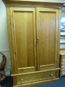 Large Pine Double Door Wardrobe over Drawer