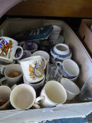 Box containing Commemorative Cups - Blue & White Wares etc