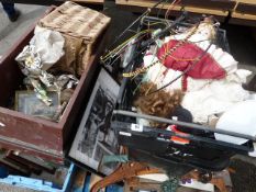 Pallet Containing Cast Iron Bench - Porcelain Headed Dolls - Pictures - Prints etc