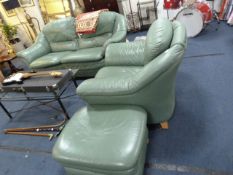 Green Leather 2 Seat Settee - Single Chair & Pouffe