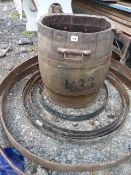 Wood Barrel and Hoops and a Pair of Cartwheel Hoops