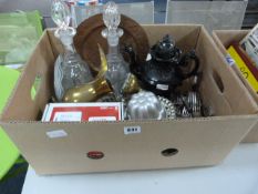 Box containing Glass Decanters - Victorian Teapot etc