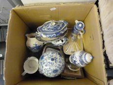 Large Box of Bric-a-Brac including Blue & White Wares - Glassware etc