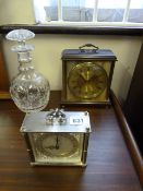 2 Mantle Clocks & Glass Decanter