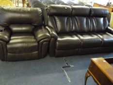 DARK BROWN LEATHER RECLINING SETTEE  & CHAIR