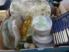 Box containing Doulton Dinnerware - Art Deco Glass Dressing Table Set - Meat Plates etc