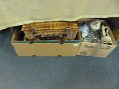 2 Boxes of Bric-a-Brac & Wicker Picnic Basket