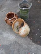 2 Ornamental Ceramic Planters & 1 Plastic Chimney Pot