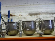 3 Stainless Steel Hobart Mixing Bowls & 4 Mixer Attachments