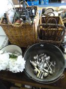 Enamelled Pale -3 Wicker Baskets and Contents etc