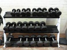 Set of 22 PLO Dumbbells 5kg-30kg on Pullum 3 Tier Rack