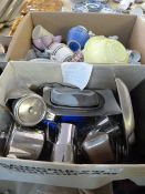 2 Boxes of Bric-a-Brac including China & Glassware - Stainless Steel Tea Service