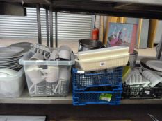 5 Boxes containing Crockery - Tablewares - Stainless Steel Pans - Toast Racks etc