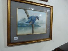 Gilt Framed Water Colour of a Kingfisher by C Tritton 1988