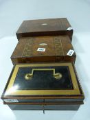 2 Inlaid Jewellery Boxes A/F & Cash Tin