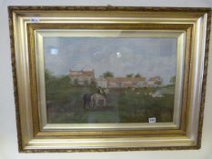 Gilt Framed Oil on Board Depicting a Farming Scene