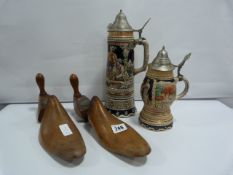 2 Lidded Steins & Pair of Shoe Lasts