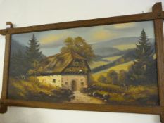 Framed German Canvas Oil Painting Depicting an Alpine Scene