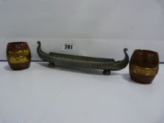 Handstopt Pewter Viking Ship & 2 Treen Barrels