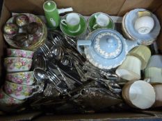 Box Containing Part Tea Services - Wedgwood Teapot & Kings Pattern Cutlery