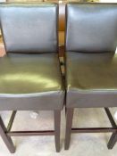 *Pair of Brown Leather High Seat Bar Stools with Dark Wood Frames & Faux Leather Seats & Backs