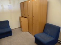 7 Light Beech Double Lockers & 2 Blue Reception Chairs