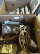 Box Containing Framed Photos & Box Containing Barometer - Owl Figurine - Candlesticks etc