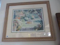 Pair of Limed Beech Framed Prints of a Garden Scene