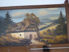 Framed German Canvas Oil Painting Depicting an Alpine Scene