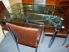 Plate Glass & Chrome Extending Circular Table with Cantilever Leaves & 4 Faux Leather & Chrome
