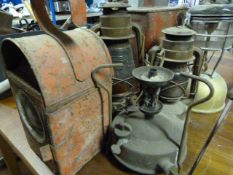 Early Petrol Can - 2 Hurricane Lamps - Tilly Lamp & Old Railway Lamp