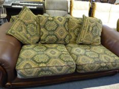 Brown Leather & Fabric 2 Seat Settee with Wood Details