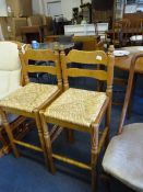 Pair of Pine High Seat Bar Stools with Rush Seats