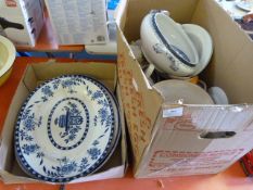 3 Blue & White Meat Plates and Box of Older Ceramics