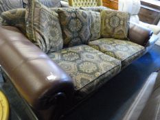 Brown Leather & Fabric 2 Seat Settee with Scatter Back Cushions
