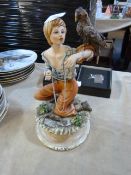 Signed Capo Di Monte Figure Depicting A Girl with Falcon