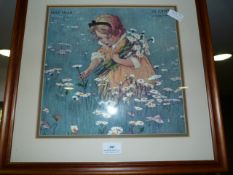Framed Embroidery Dated May 1928 of a Girl Picking Flowers