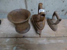 2 Flat Irons, Stand, Cast Iron Mortar