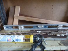 Assorted Masonry Drill Bits, T Square, Spirit Level, Mastic Gun etc