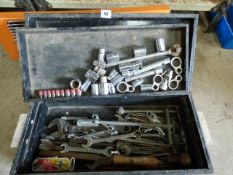 Early Wood Tool Box Containing Assorted Sockets, Ring Spanners, Adjustable Spanners etc