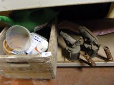 *2 Early Brass Blow Lamps & Box containing Assorted Adhesives - Watering Can - Funnel etc