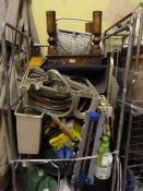Contents of Trolley including Assorted Hose Pipes - Teak Stool - etc