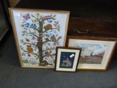 2 Needlework Pictures & Watercolour Depicting Skidby Mill