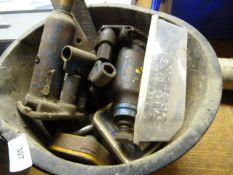 Bucket containing Assorted Bottle Jacks - Hinges etc