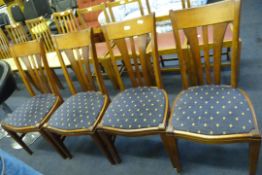 4 Medium Oak Dining Chairs with Slat Backs & Upholstered Seats