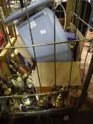 Trolley Containing Assorted Brass Light Fittings - Halogen Heater - Lawn Edging Shears etc