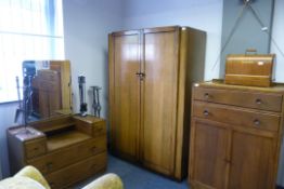 Oak Deco 3 Piece Bedroom Suite with Bakerlite Handles comprising of Tall Boy - Wardrobe & Dressing