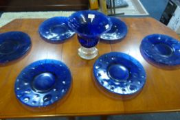 Blue & Clear Glass Vase - 6 Blue Plates