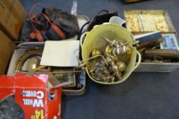 Suitcase - Deed Box & Plastic Tub Containing Early Fire Extinguishers - Gas Poker - 5 Branch