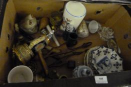 Box containing Decorative Items including Steins - Carved Figurines - Frogs - Shells etc